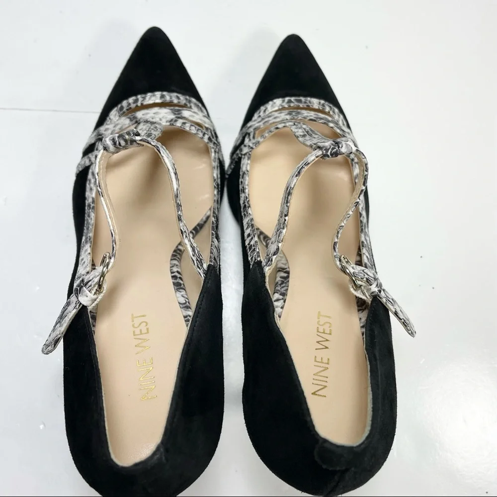 Nine West Jantine Women's T-Strap Pumps Pointed Toe Black Suede‎ Size 7.5 M